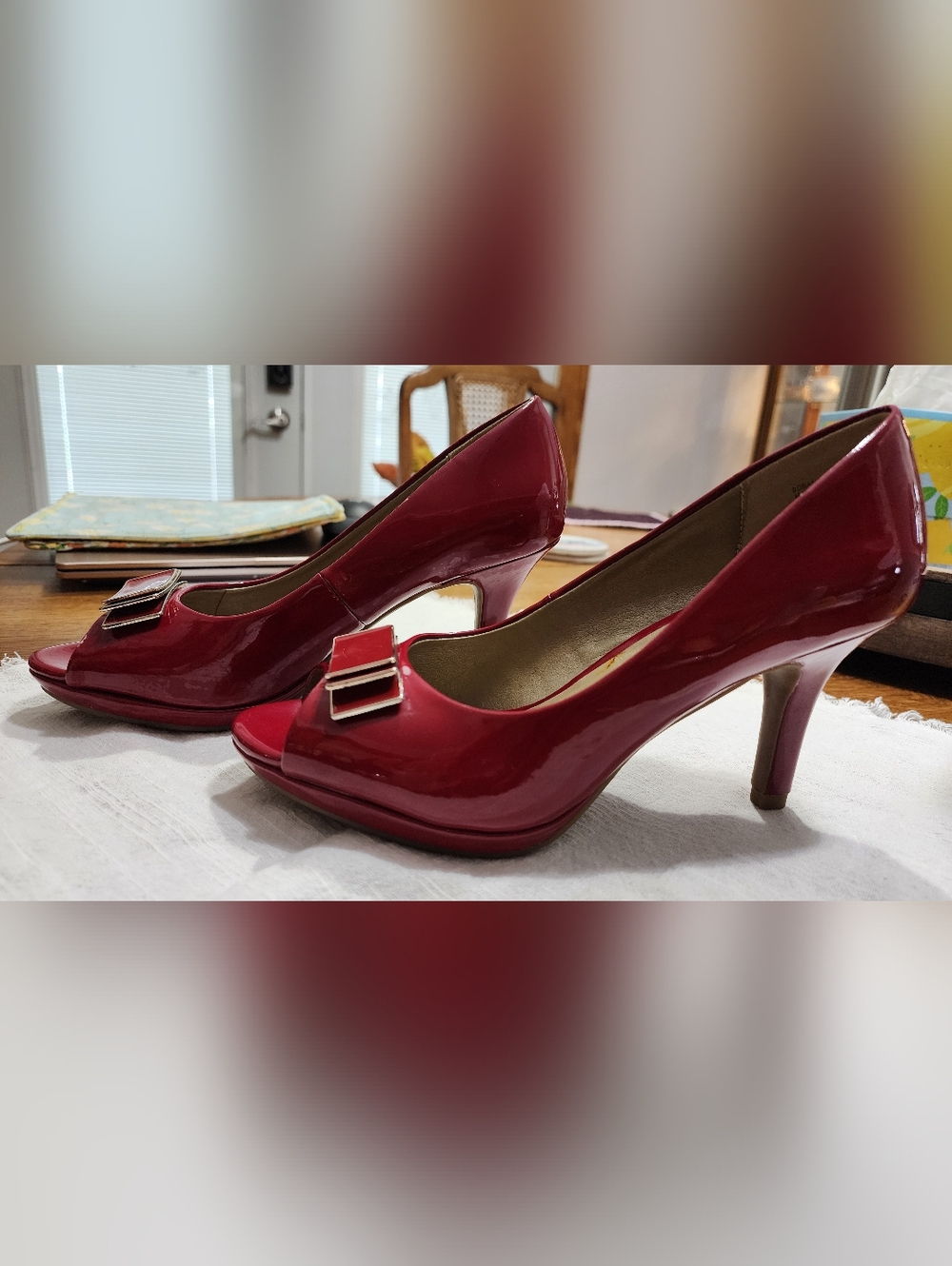 Bandolino Red Patent Peep-Toe Heels with Buckle Accent